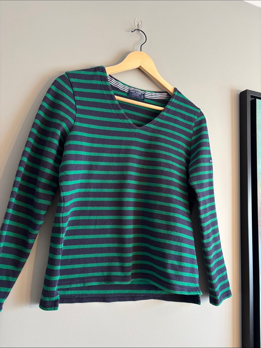 Saint James Old Money Navy and Green Striped Sailor Cotton Top Made in France